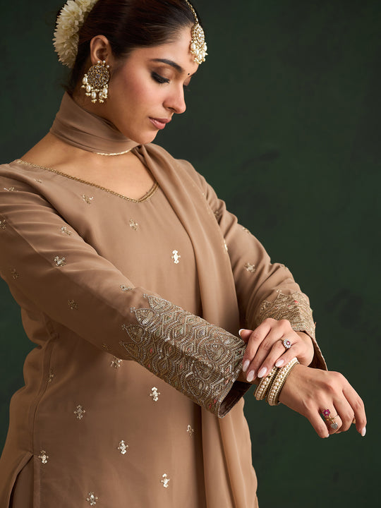 Indo Era Beige Embroidered Straight Kurta Sharara With Dupatta set