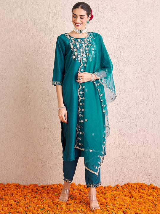 Indo Era Teal Embroidered Straight Kurta Trousers With Dupatta set