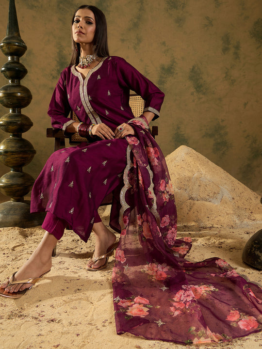 Indo Era Burgundy Embroidered Straight Kurta Trousers With Dupatta set