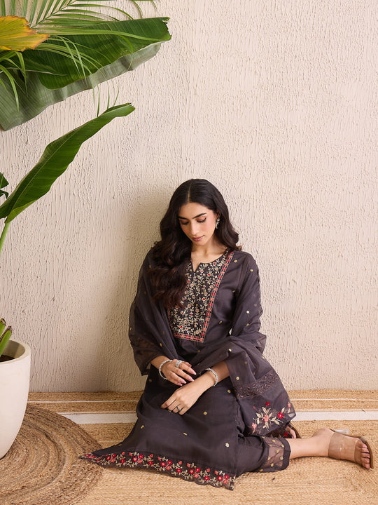 Indo Era Grey Embroidered Straight Kurta Trousers With Dupatta set