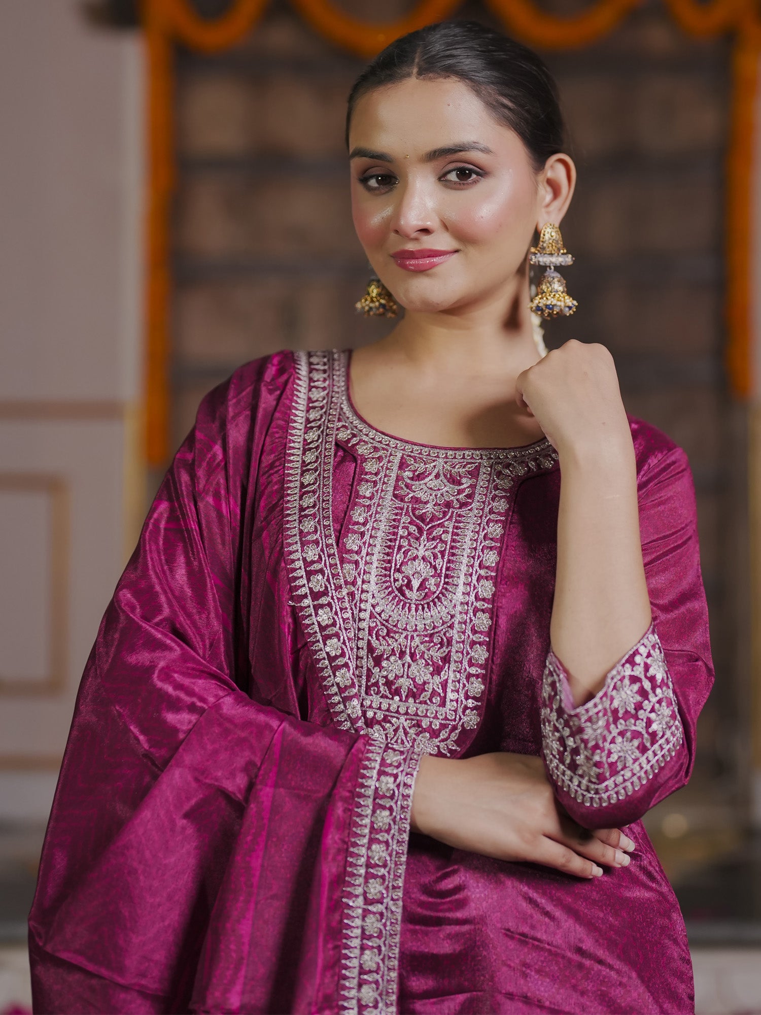 Indo Era Pink self design Kurta with Trousers with dupatta with dupatta