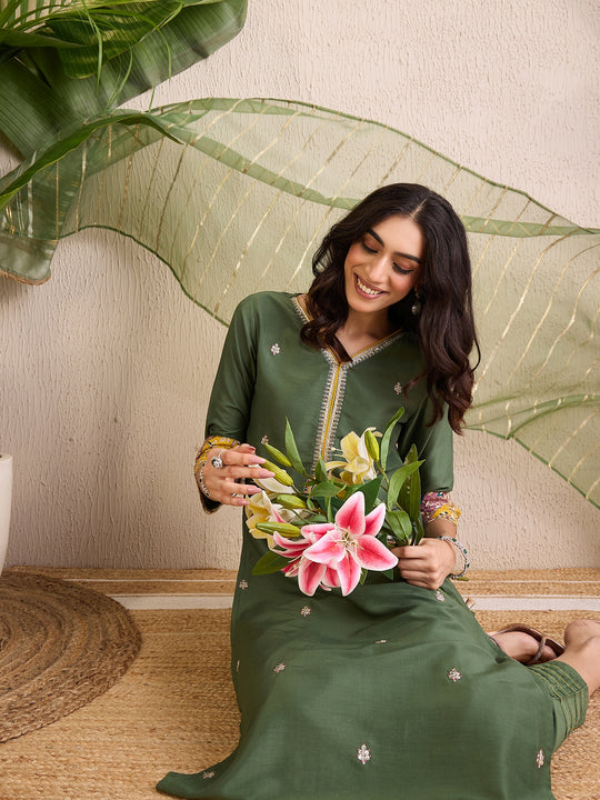 Indo Era Green Embroidered Straight Kurta Trousers With Dupatta Set