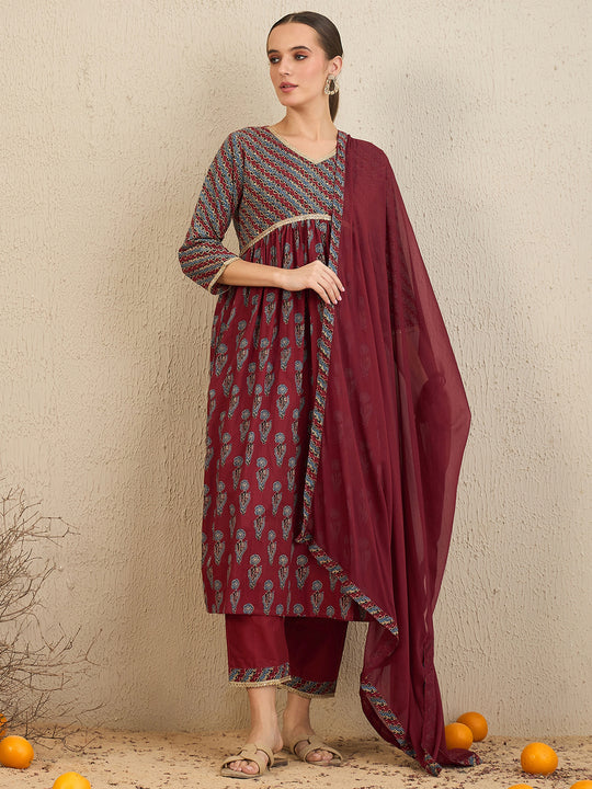 Indo Era Rust Printed A-Line Kurta Trousers With Dupatta set