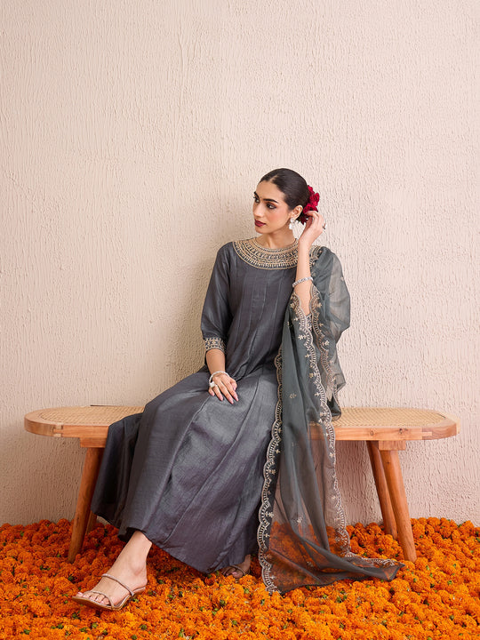 Indo Era Grey Embroidered A-Line Dress With Dupatta Set