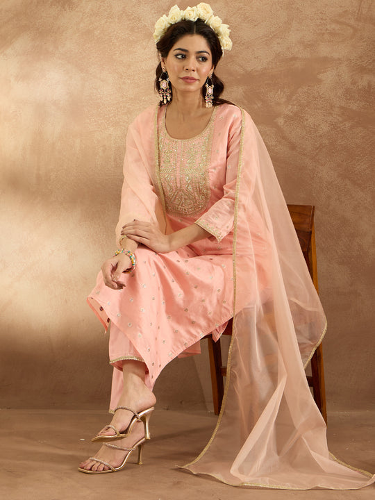 Indo Era Pink Embroidered Straight Kurta Trousers With Dupatta Set