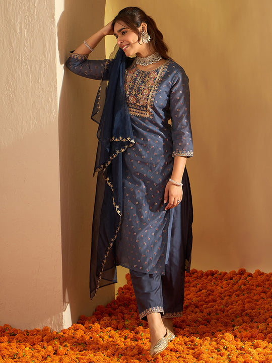 Indo Era Blue Embroidered Straight Kurta Trousers With Dupatta Set