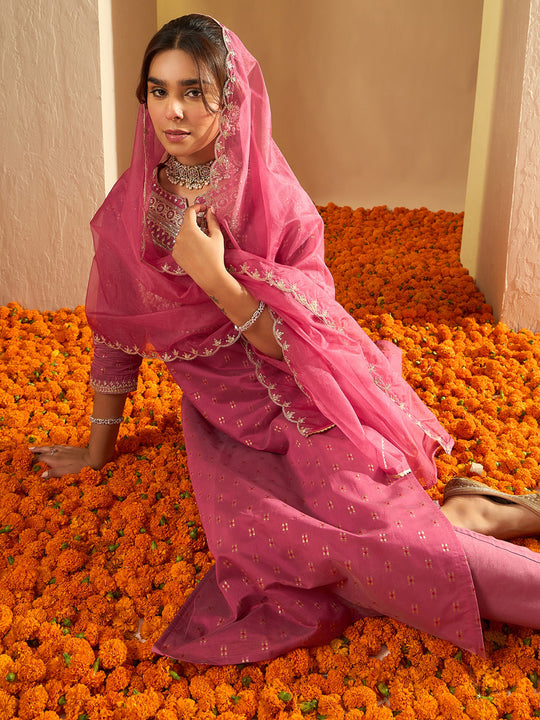 Indo Era Mauve Embroidered Straight Kurta Trousers With Dupatta Set