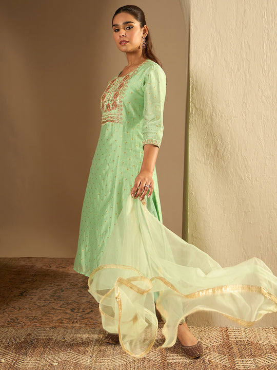 Indo Era Green Embroidered Straight Kurta Trousers With Dupatta Set