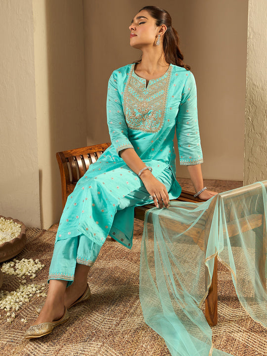 Indo Era Turquoise Blue Embroidered Straight Kurta Trousers With Dupatta Set