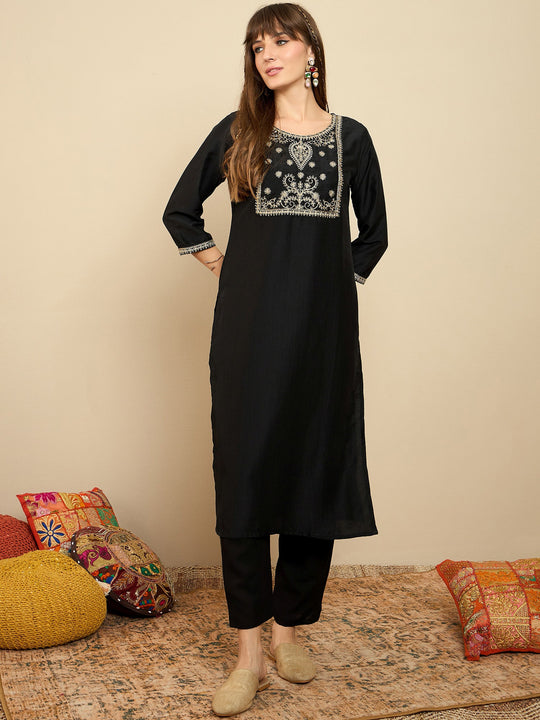 Indo Era Black Embroidered Straight Kurtas