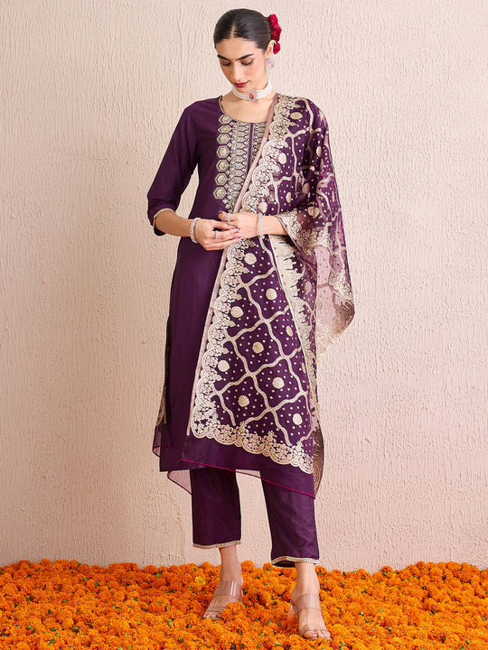 Indo Era Purple Embroidered Straight Kurta Trousers With Dupatta Set