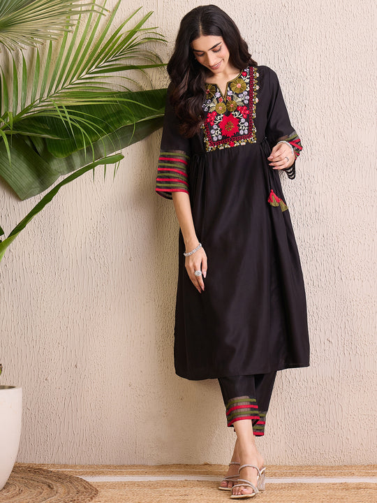 Indo Era Black Embroidered A-Line Kurta Trousers  Set