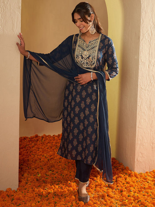 Indo Era Blue Embroidered Straight Kurta Palazzos With Dupatta Set