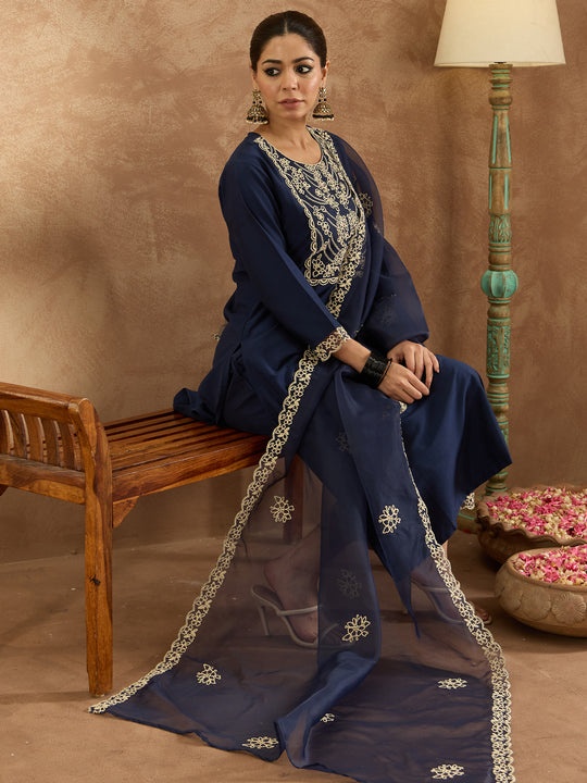 Indo Era Blue Embroidered Straight Kurta Trousers With Dupatta Set