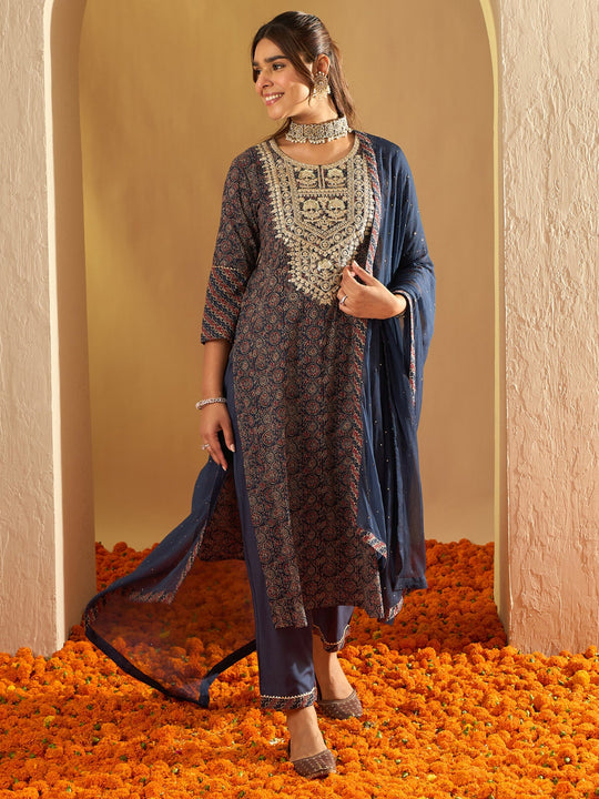 Indo Era Blue Printed Straight Kurta Trousers With Dupatta set