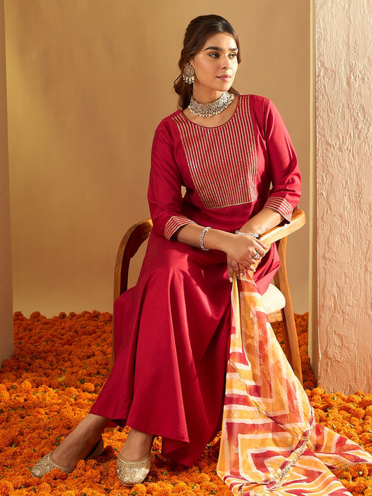 Indo Era Red Embroidered A-Line Kurta Trousers With Dupatta set