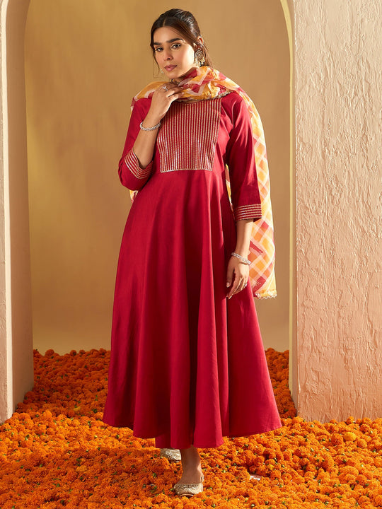 Indo Era Red Embroidered A-Line Kurta Trousers With Dupatta set