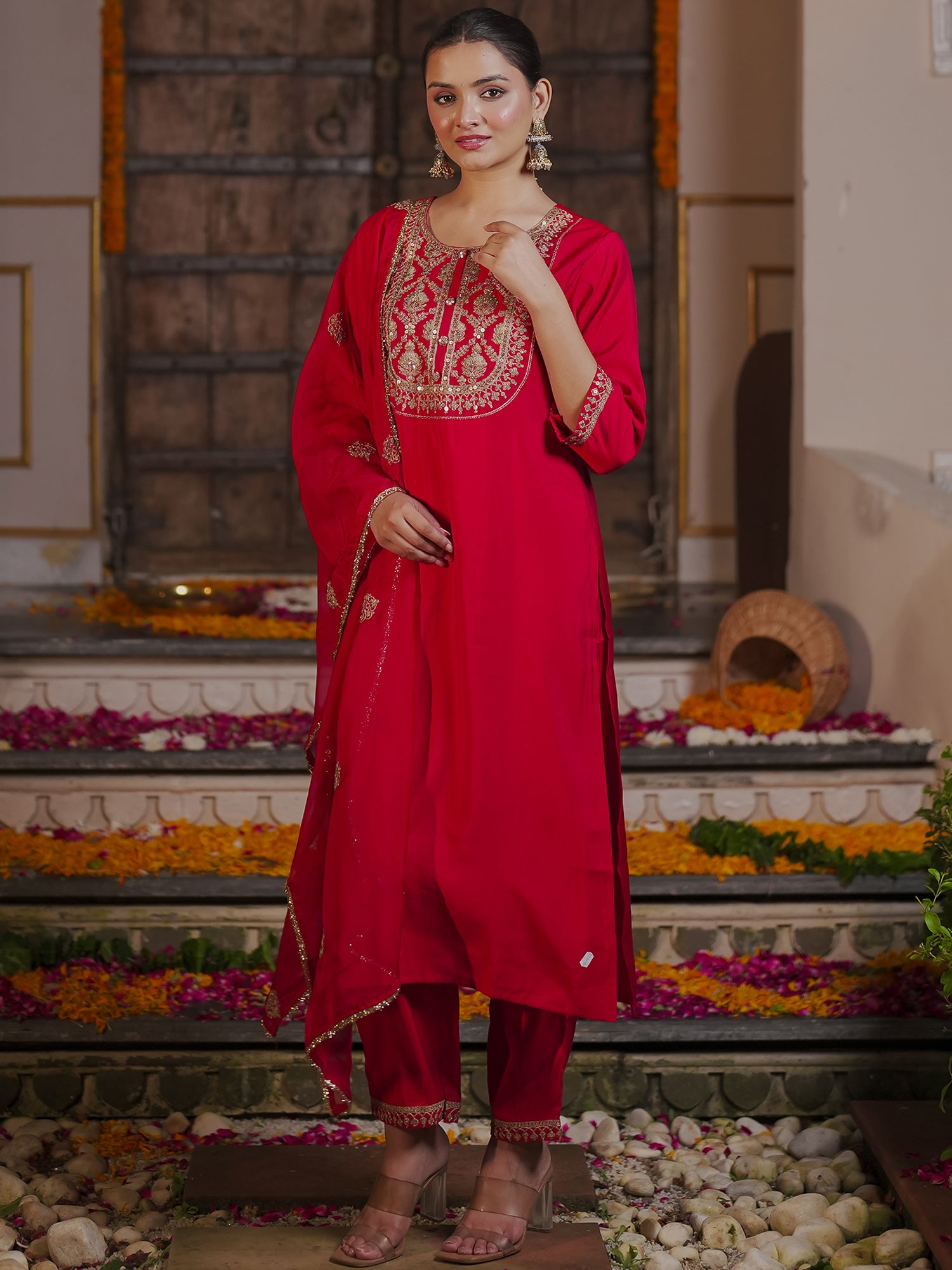 Red Kurta Sets  For women,indo era, indoera, kurta set for women, women kurta set, women suit, summer wear for women, festive suit for women, mother's day outfit, dress for mother, mother's day special, kurta set for women, kurta for women, kurta trouser and dupatta