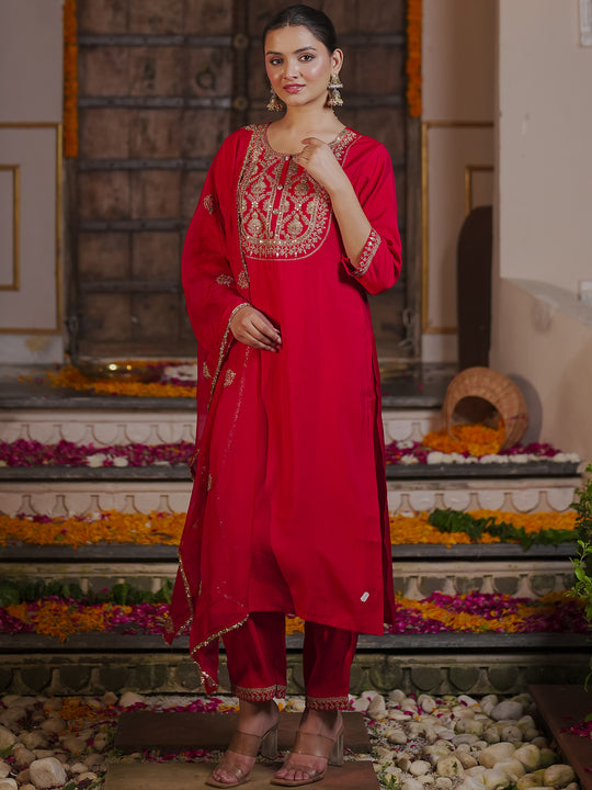 Indo Era Red Embroidered Straight Kurta Trousers With Dupatta  Set