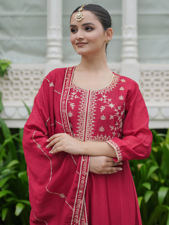 Red Embroidered Anarkali Kurta Trousers With Dupatta