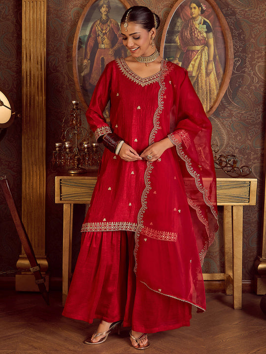 Indo Era Red Embroidered Straight Kurta Sharara With Dupatta set