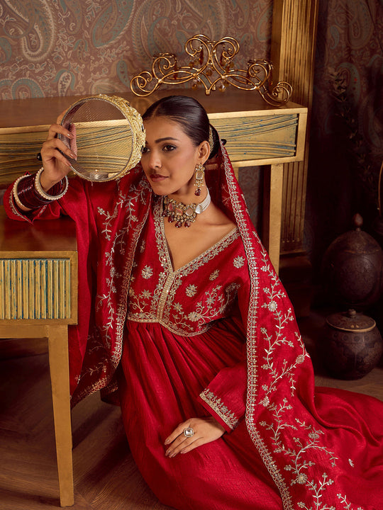 Indo Era Red Embroidered A-Line Kurta Trousers With Dupatta Set