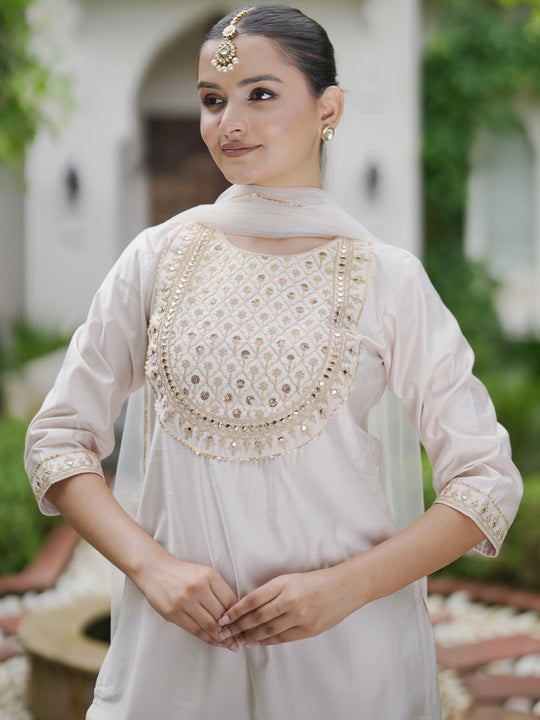 Indo Era Off White Embroidered Straight Kurta Sharara With Dupatta  Set