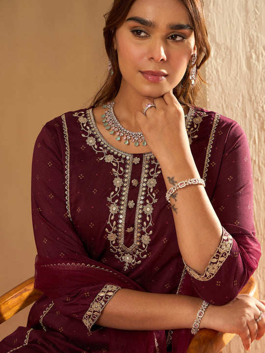 Indo Era Burgundy Embroidered Straight Kurta Trousers With Dupatta Set