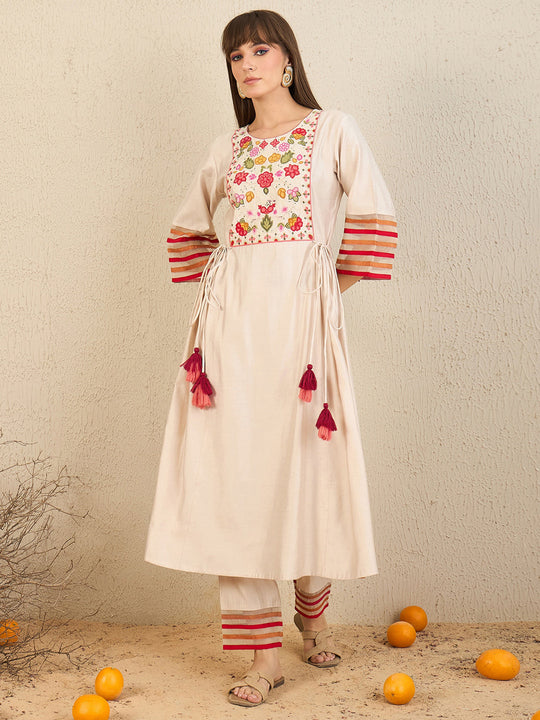Indo Era Off White Embroidered A-Line Kurta Trousers set