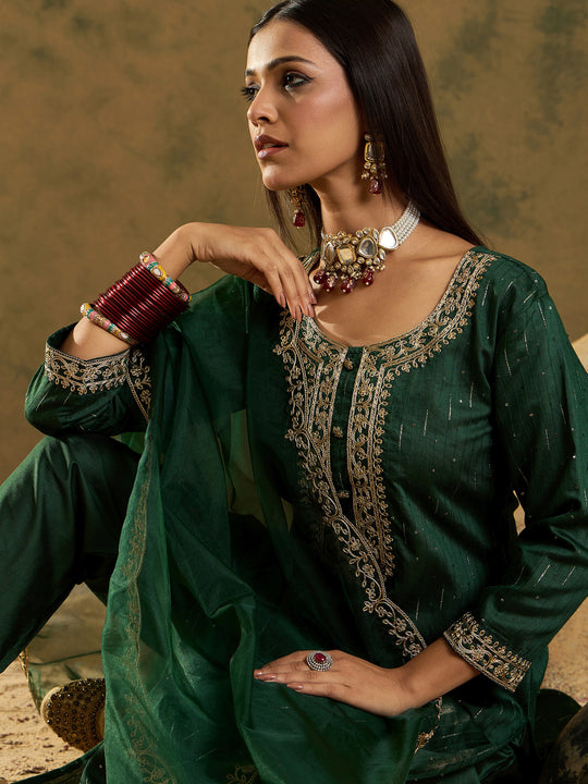 Indo Era Green Embroidered Straight Kurta Trousers With Dupatta set