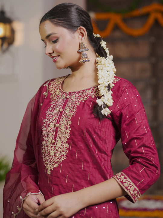 Indo Era Maroon Embroidered Straight Kurta Trousers With Dupatta set