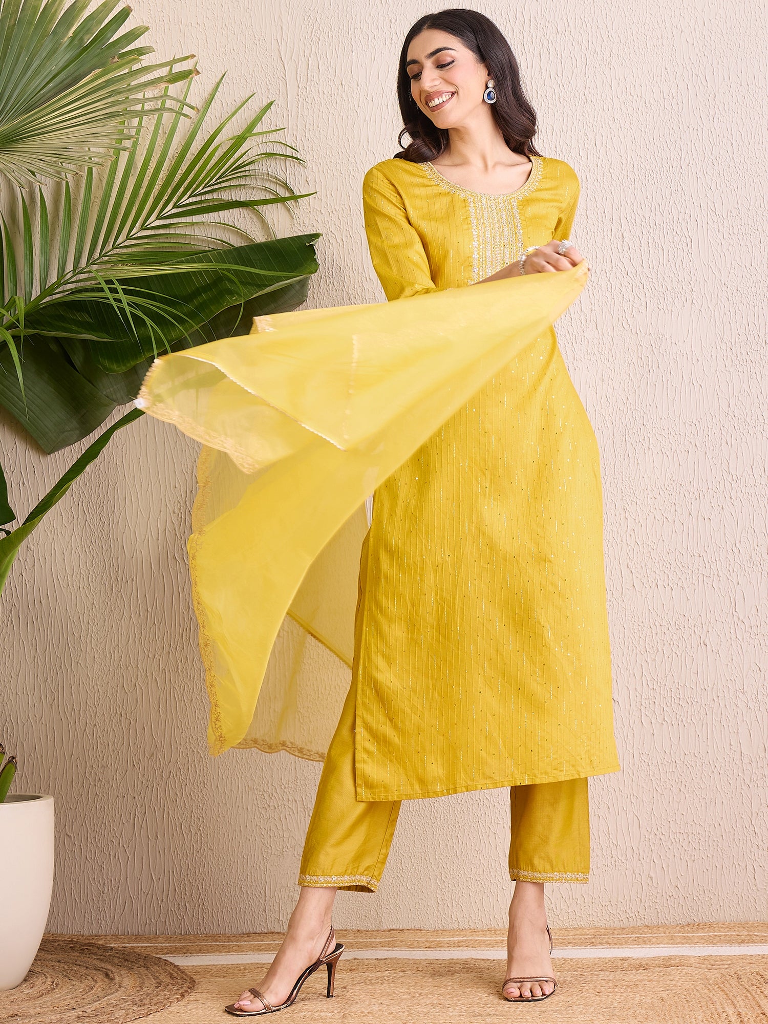 Yellow Kurta Sets  For women,indo era, indoera, kurta set for women, women kurta set, women suit, summer wear for women, festive suit for women, mother's day outfit, dress for mother, mother's day special, kurta set for women, kurta for women, kurta trouser and dupatta