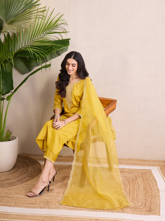 Indo Era Yellow Embroidered Straight Kurta Trousers With Dupatta set