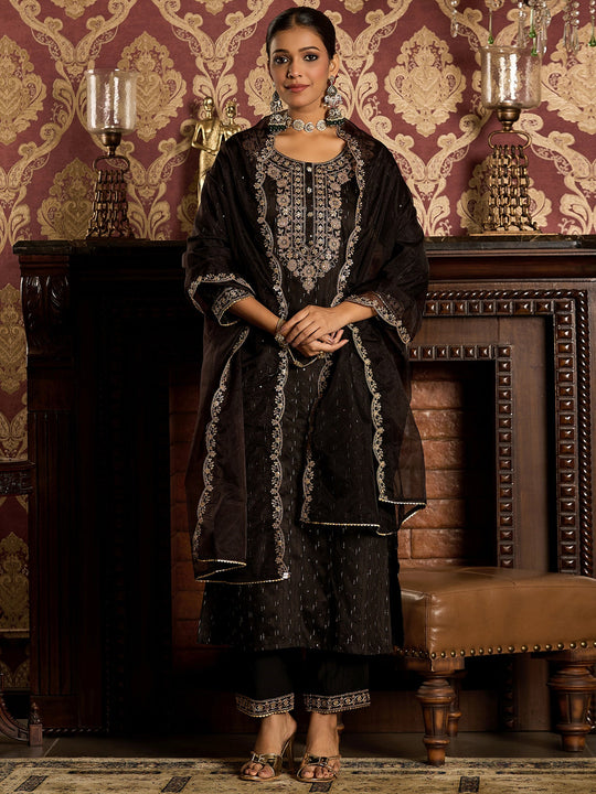 Indo Era Black Embroidered Straight Kurta Trousers With Dupatta