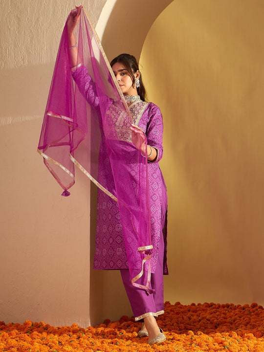 Indo Era Purple Embroidered Straight Kurta Trousers With Dupatta set