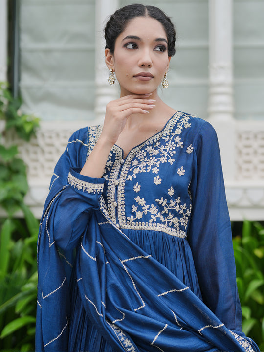 Indo Era Teal Embroidered Anarkali Kurta Trousers With Dupatta set