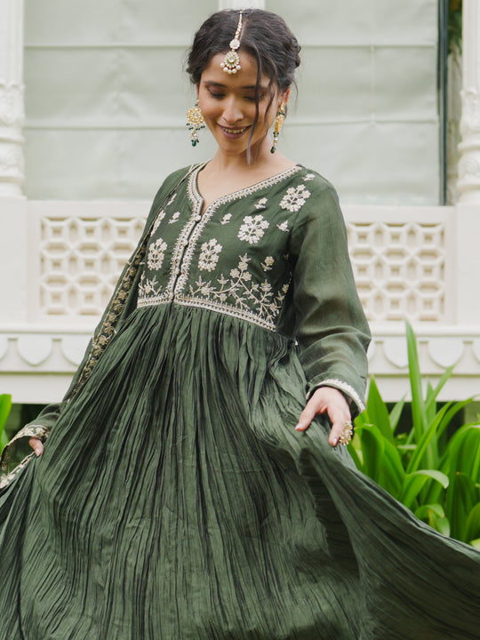 Indo Era Green Embroidered Anarkali Kurta Trousers With Dupatta set