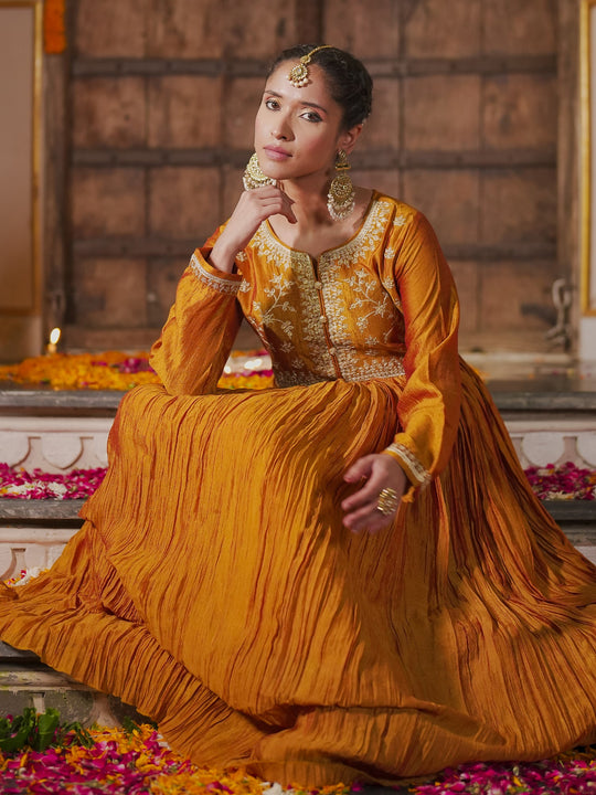 Indo Era Mustard Embroidered Anarkali Kurta Trousers With Dupatta set