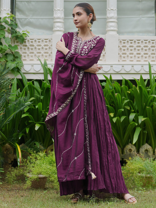 Indo Era Burgundy Embroidered Anarkali Kurta Trousers With Dupatta set