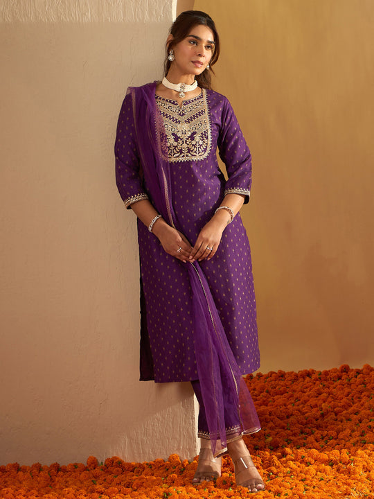 Indo Era Purple Embroidered Straight Kurta Trousers With Dupatta Set