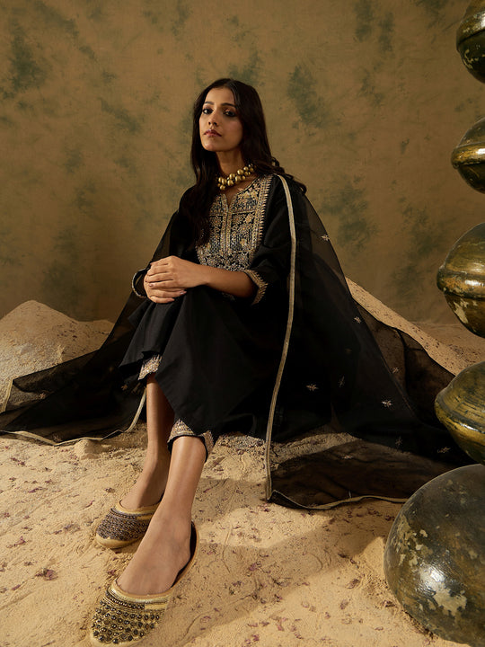Indo Era Black Embroidered Straight Kurta Trousers With Dupatta set