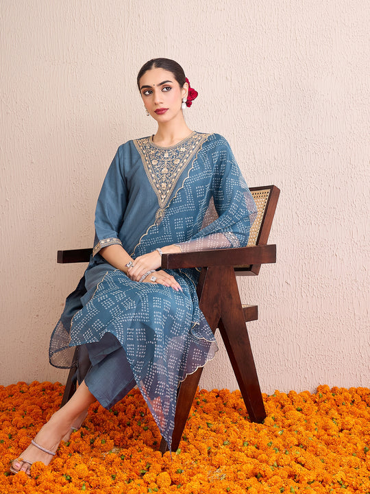 Indo Era Grey Embroidered Straight Kurta Trousers With Dupatta set