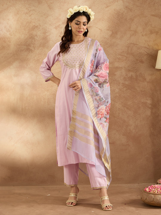 Indo Era Lavender Embroidered Straight Kurta Trousers With Dupatta set