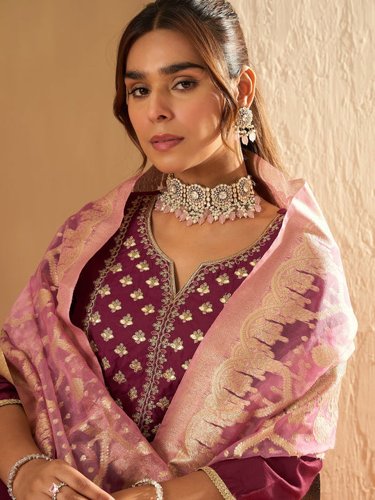 Indo Era Purple Embroidered Straight Kurta Trousers With Dupatta