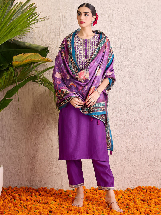 Indo Era Purple Embroidered Straight Kurta Trousers With Dupatta set
