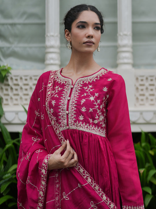 Indo Era Magenta Embroidered Anarkali Kurta Trousers With Dupatta set
