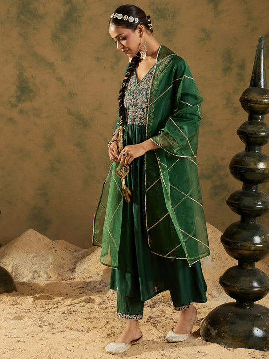 Indo Era Green Embroidered A-Line Kurta Trousers set