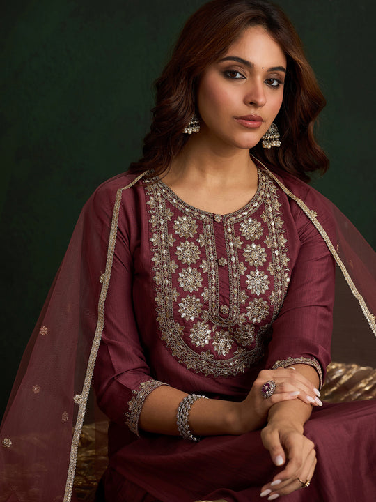 Indo Era Mauve Embroidered Straight Kurta Trousers With Dupatta  Set