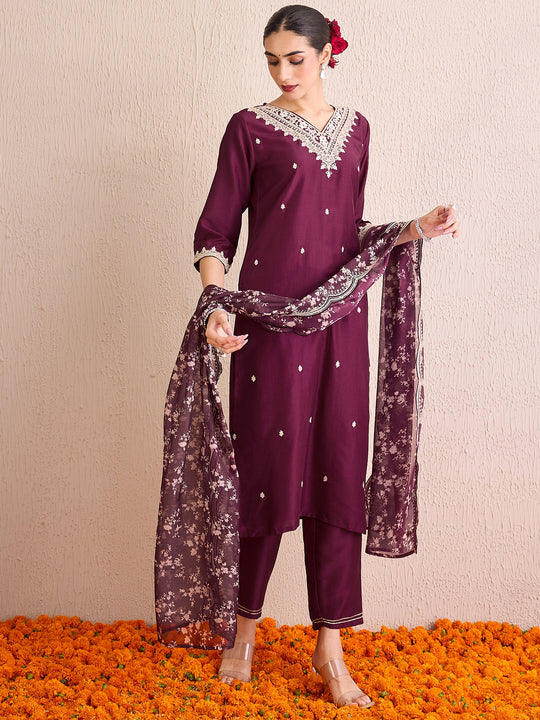 Indo Era Burgundy Embroidered Straight Kurta Trousers With Dupatta  Set