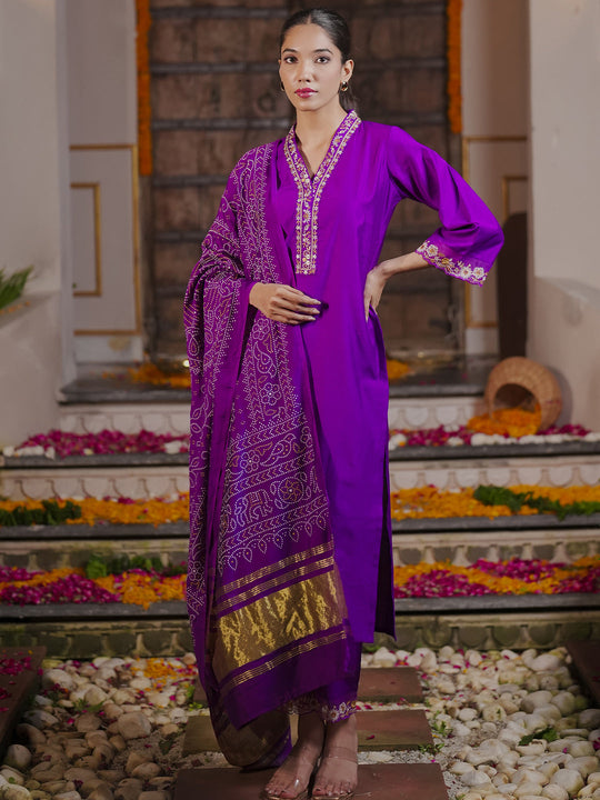 Indo Era Purple  Straight Kurta Trousers With Dupatta Set